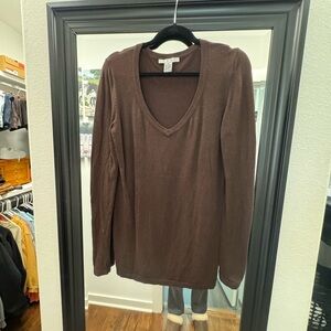 Brown V-Neck Long Sleeve Top